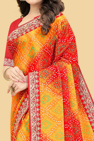 Red & Orange Bandhani Printed Chinon Saree