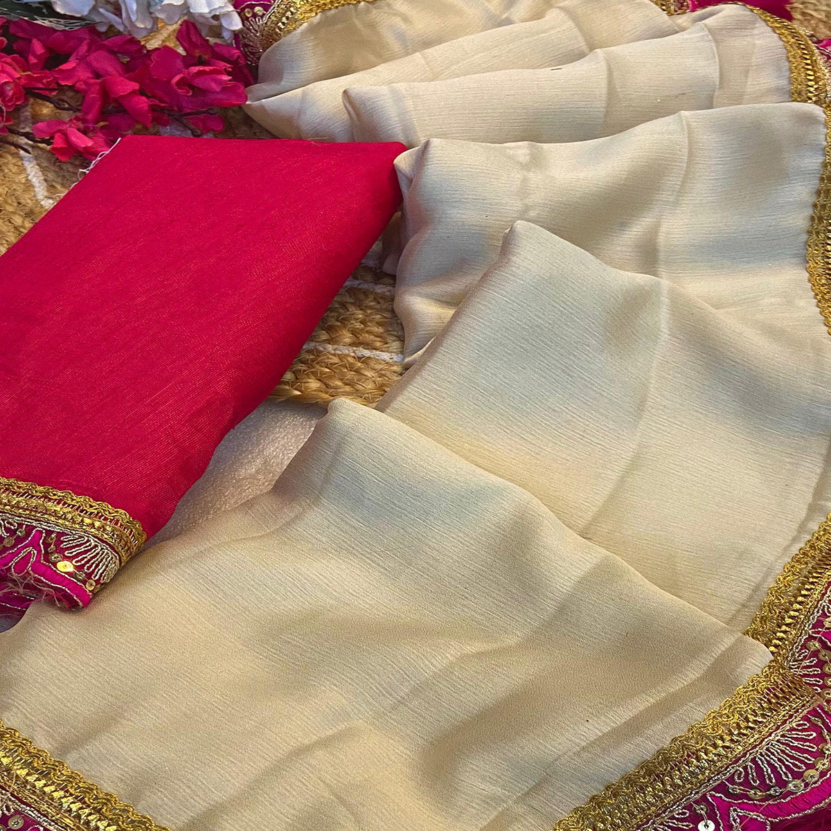 Cream Solid With Sequins Embroidered Moss Chiffon Saree