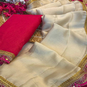 Cream Solid With Sequins Embroidered Moss Chiffon Saree