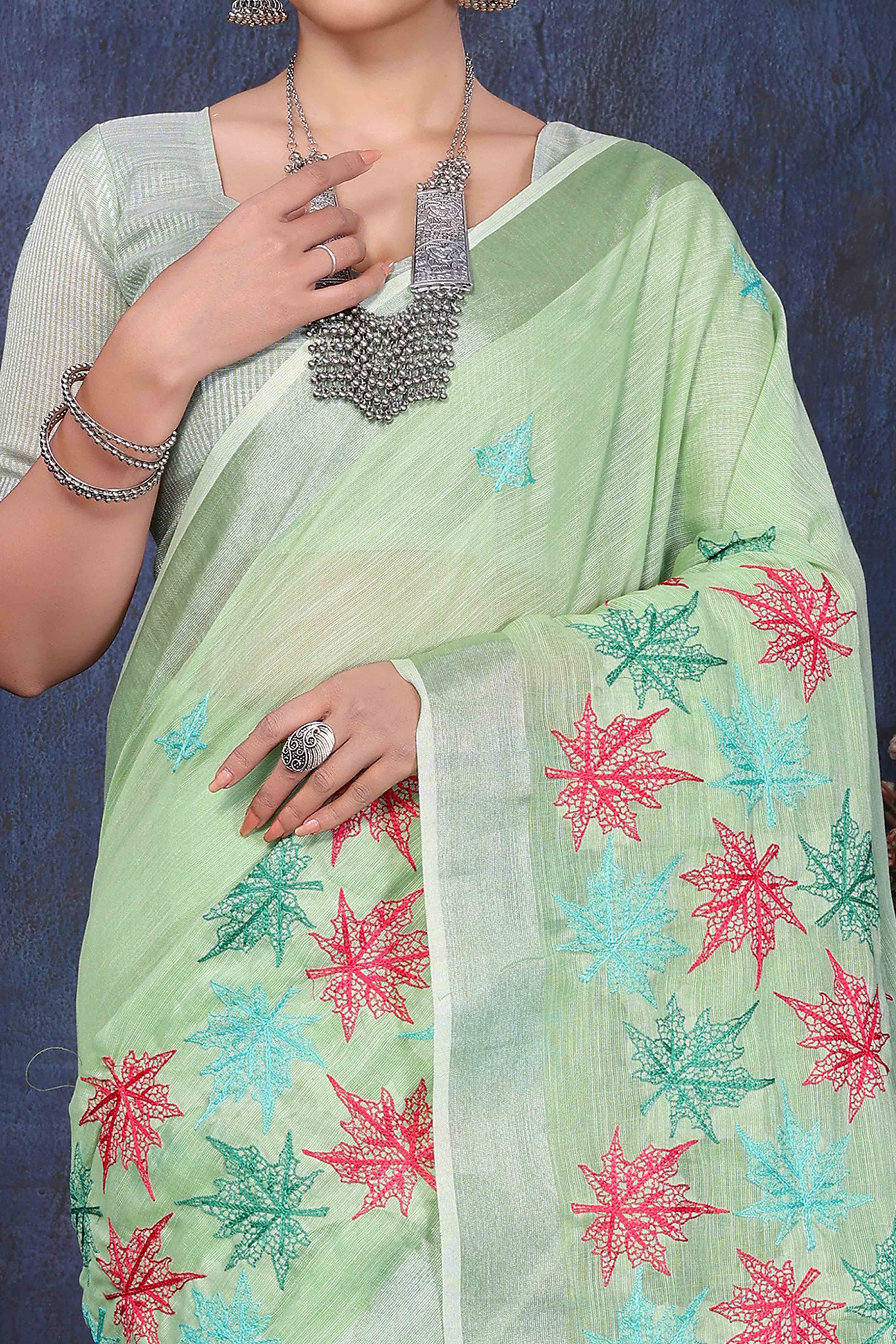 Green Floral Embroidered Cotton Silk Saree