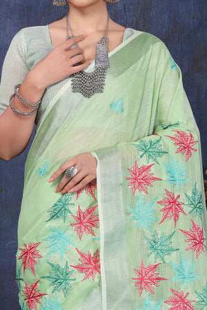 Green Floral Embroidered Cotton Silk Saree