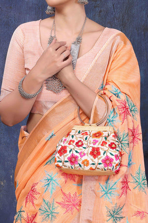 Orange Floral Embroidered Cotton Silk Saree