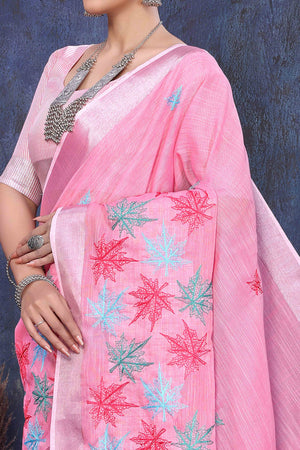 Pink Floral Embroidered Cotton Silk Saree