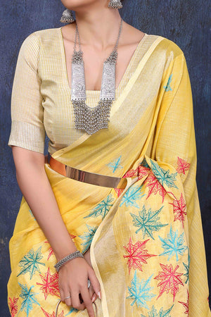 Yellow Floral Embroidered Cotton Silk Saree
