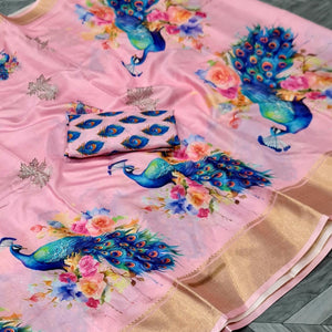 Pink Floral Elegance Dola Silk Saree with Artistic Print With Zari Border