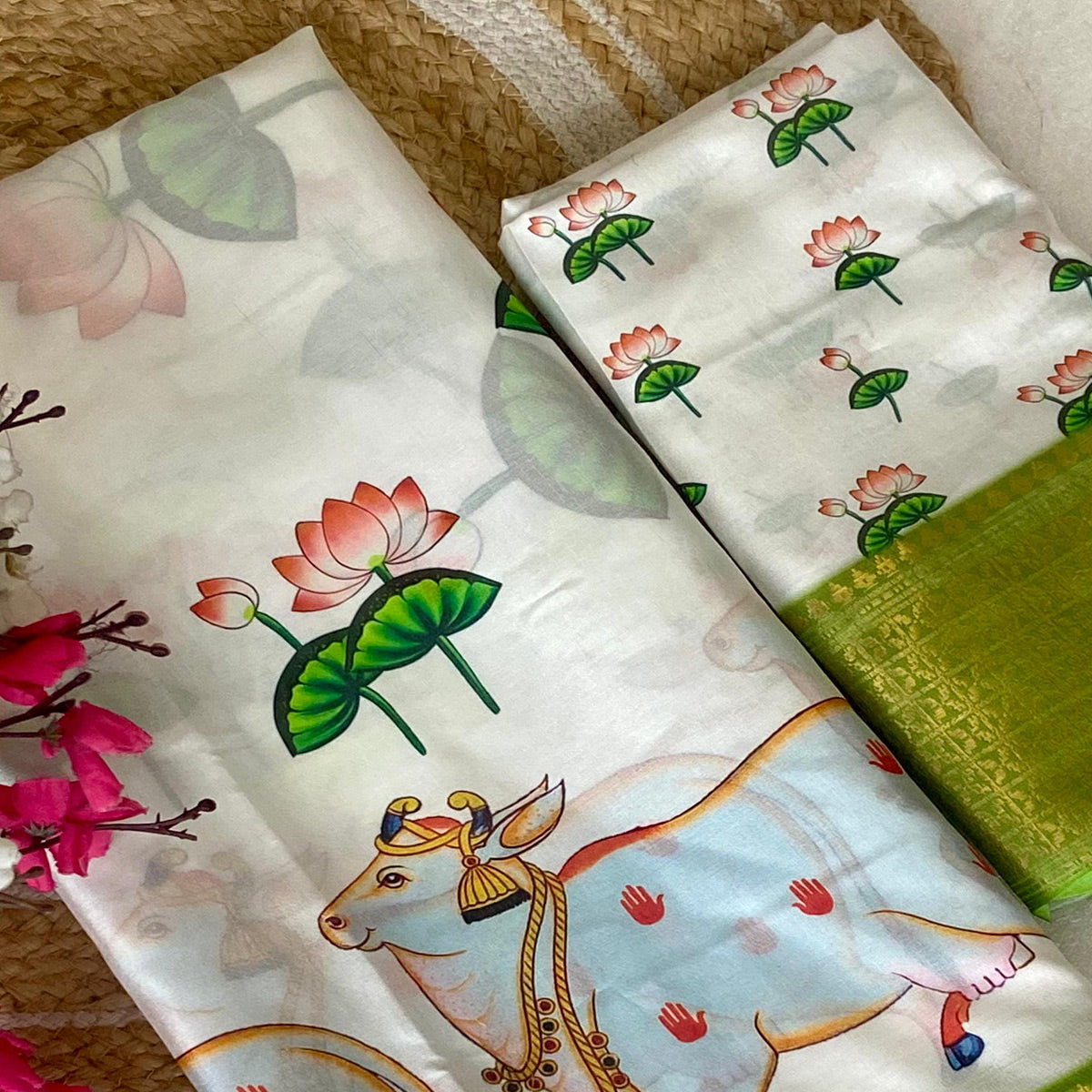 White Floral Printed Doal Silk Saree With Woven Broder