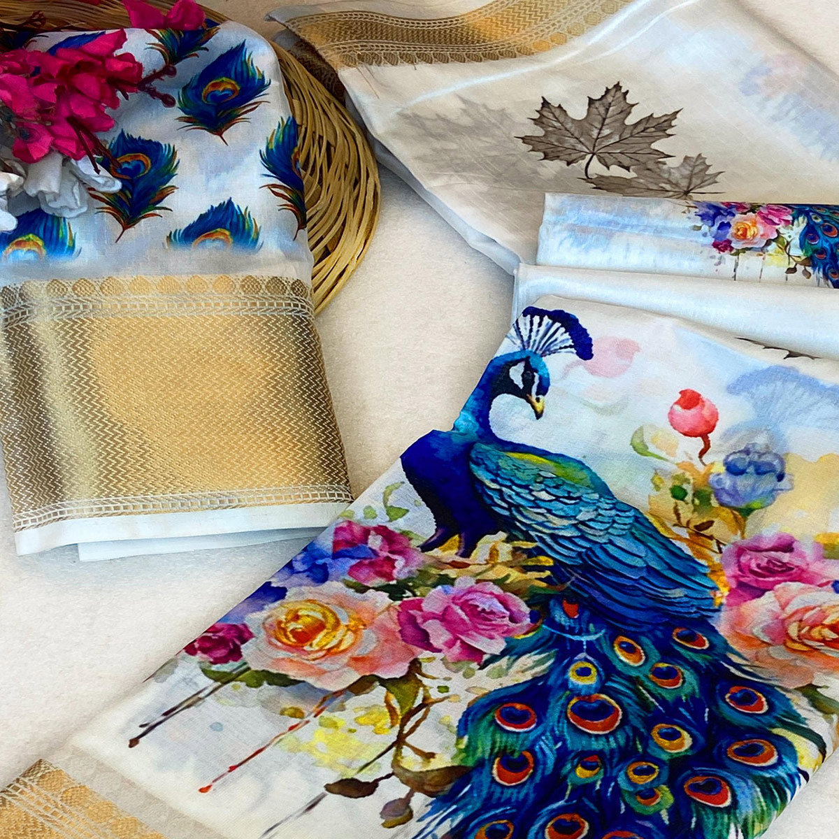 White & Blue Floral Printed Dola Silk Saree With Woven Broder