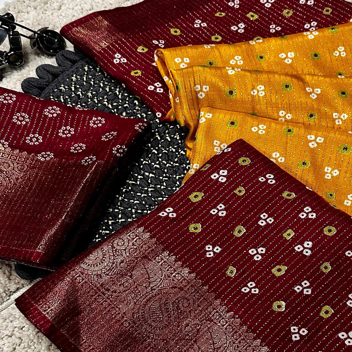 Mustard Saree in Dola Silk with All-Over Bandhani Print and Zari Highlights
