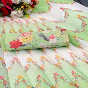 Green Floral Digital Printed Chanderi Cotton Saree