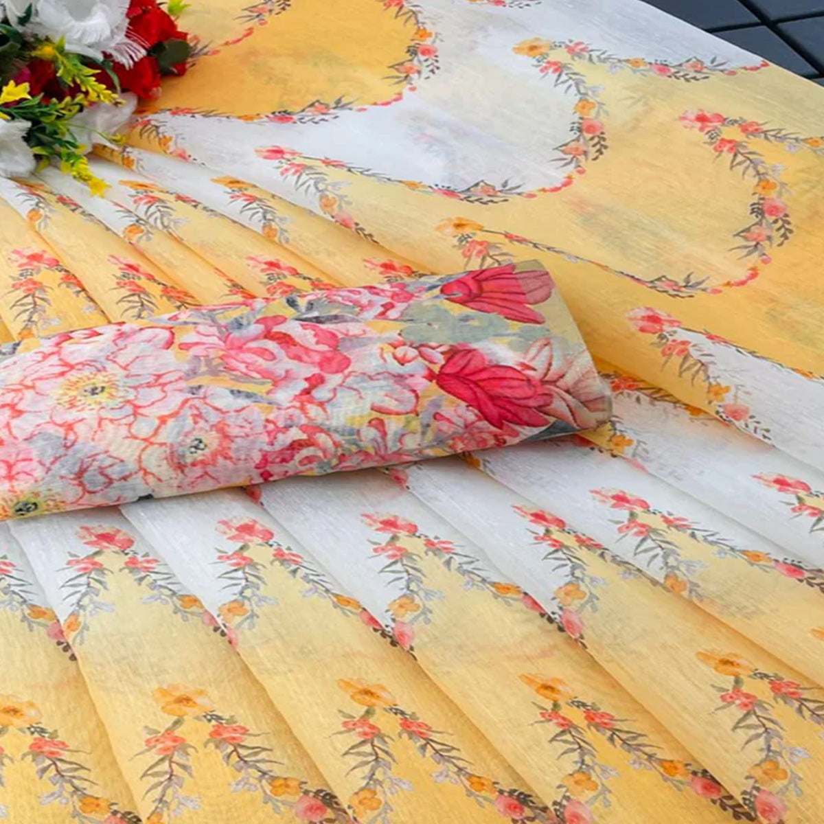Yellow Floral Digital Printed Chanderi Cotton Saree