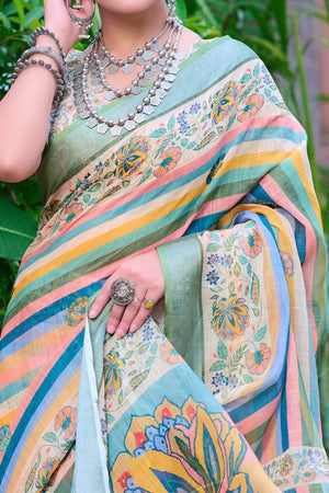 Beige Striped Printed Linen Saree