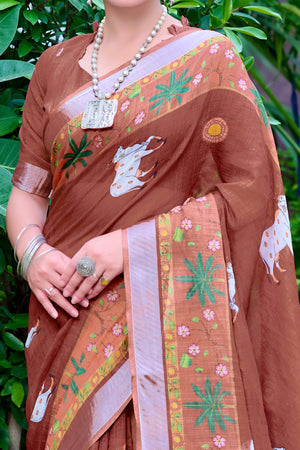 Brown Floral Printed Linen Saree