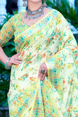 Green Floral Printed Linen Saree