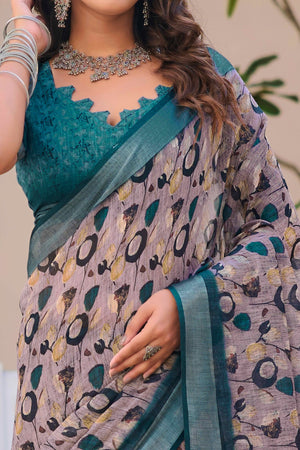 Grey Floral Printed Linen Saree