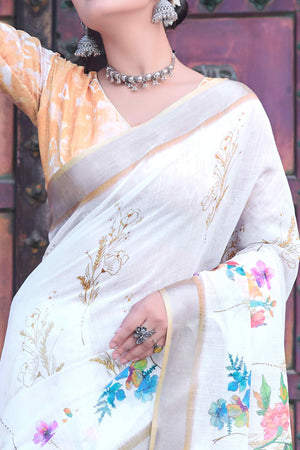 Off White Floral Printed Linen Saree