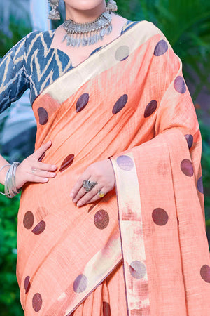 Peach Polka Dot Printed Linen Saree