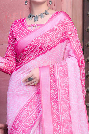 Pink Bandhani Printed Linen Saree