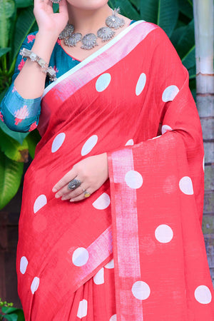 Red Polka Dot Printed Linen Saree