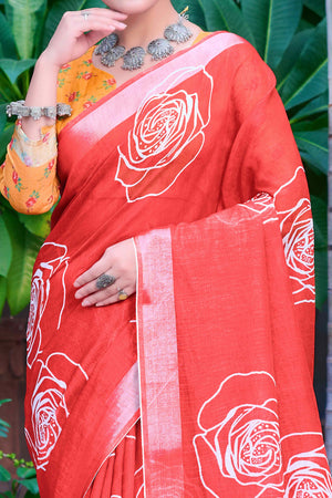 Red Floral Printed Linen Saree
