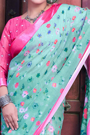 Sea Green Floral Printed Linen Saree