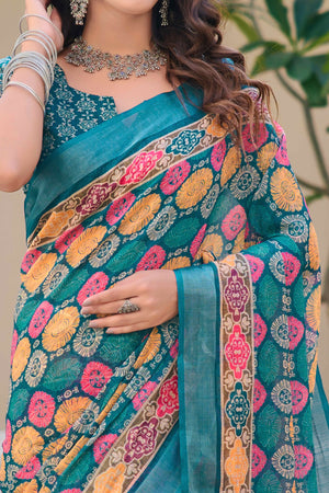 Teal Floral Printed Linen Saree
