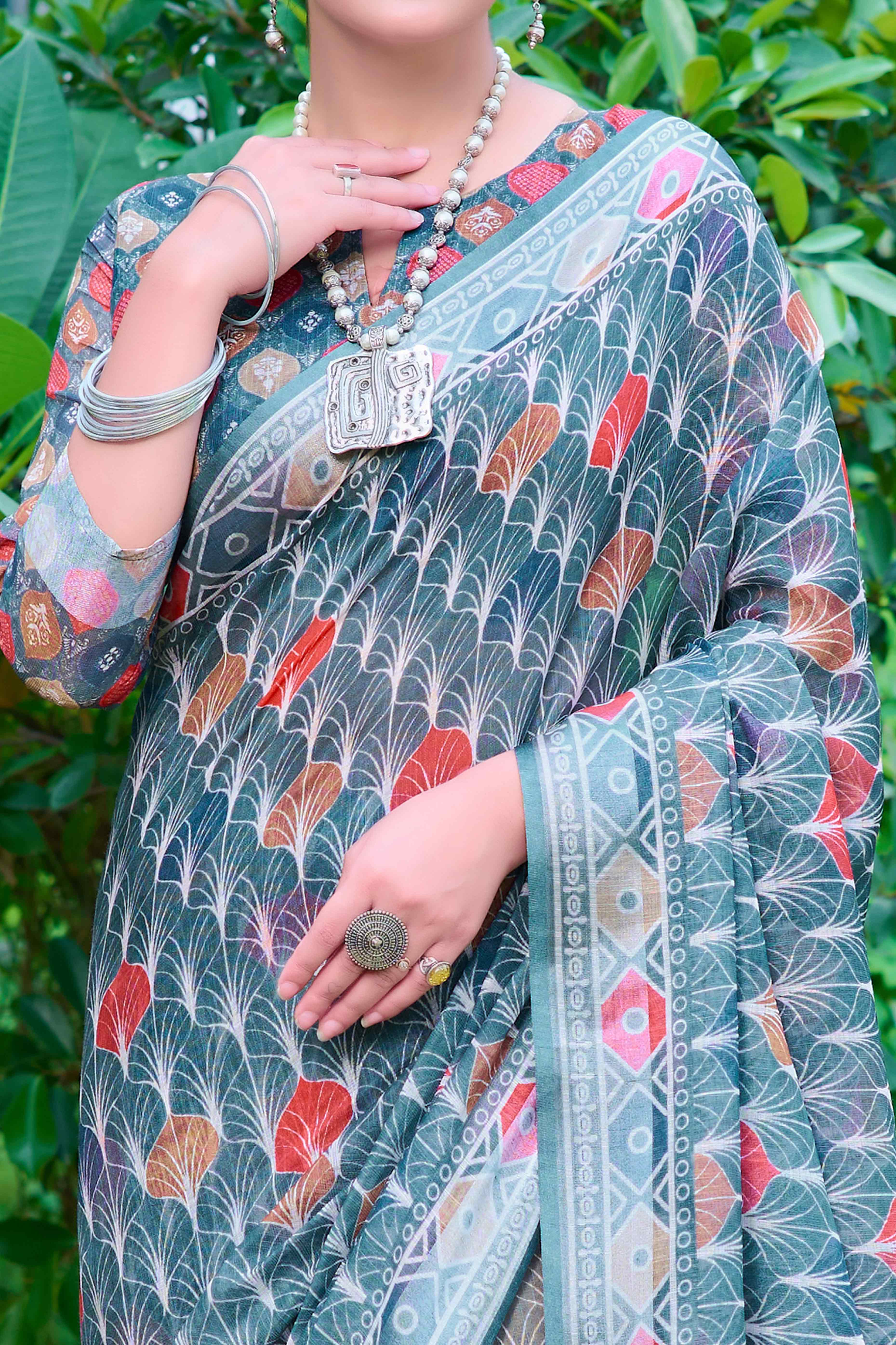 Teal Floral Printed Linen Saree