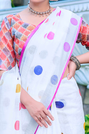 White Polka Dot Printed Linen Saree