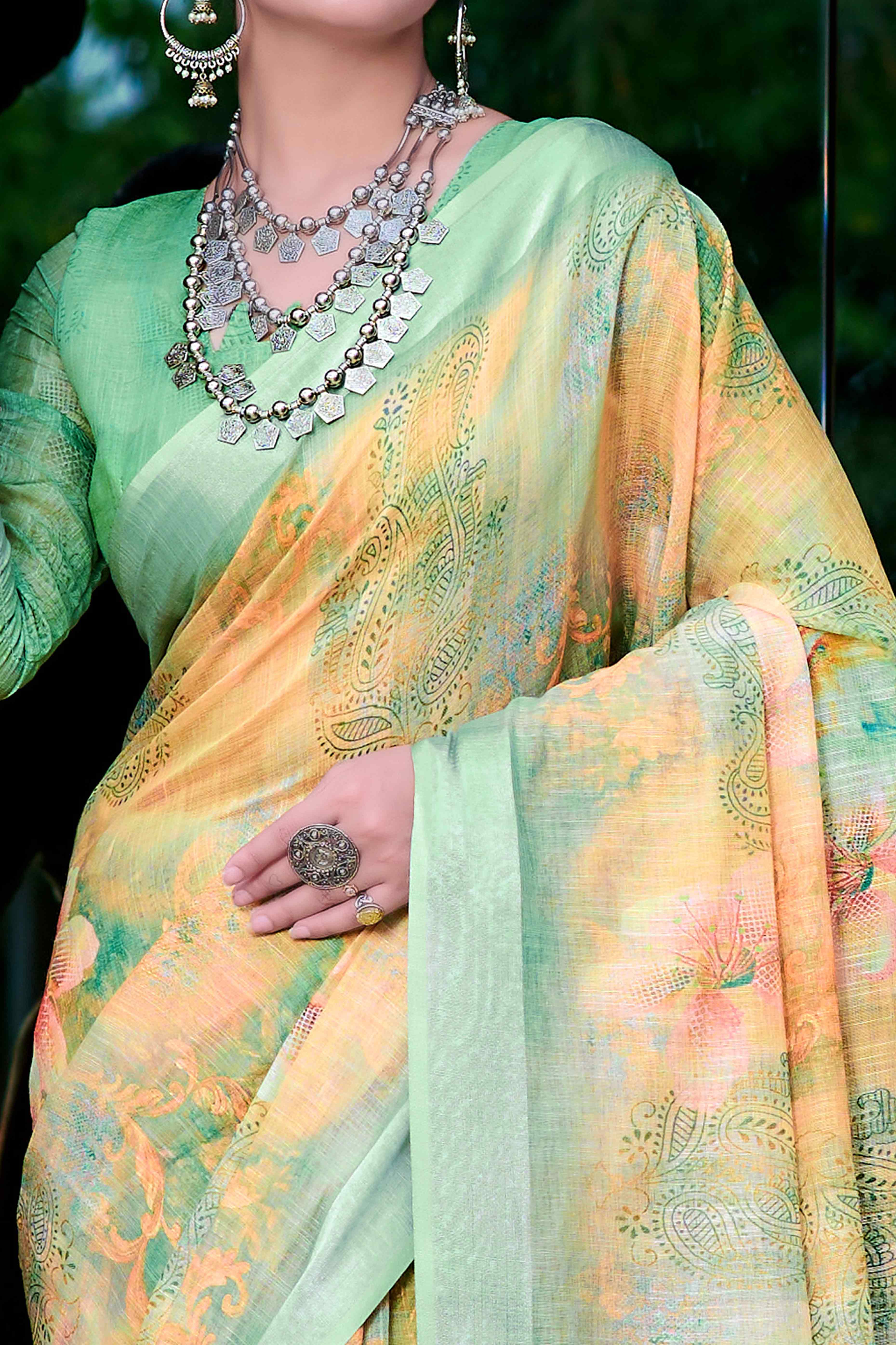 Yellow Floral Printed Linen Saree