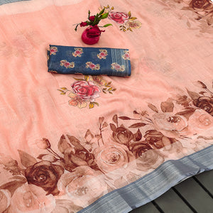 Peach Printed Linen Saree