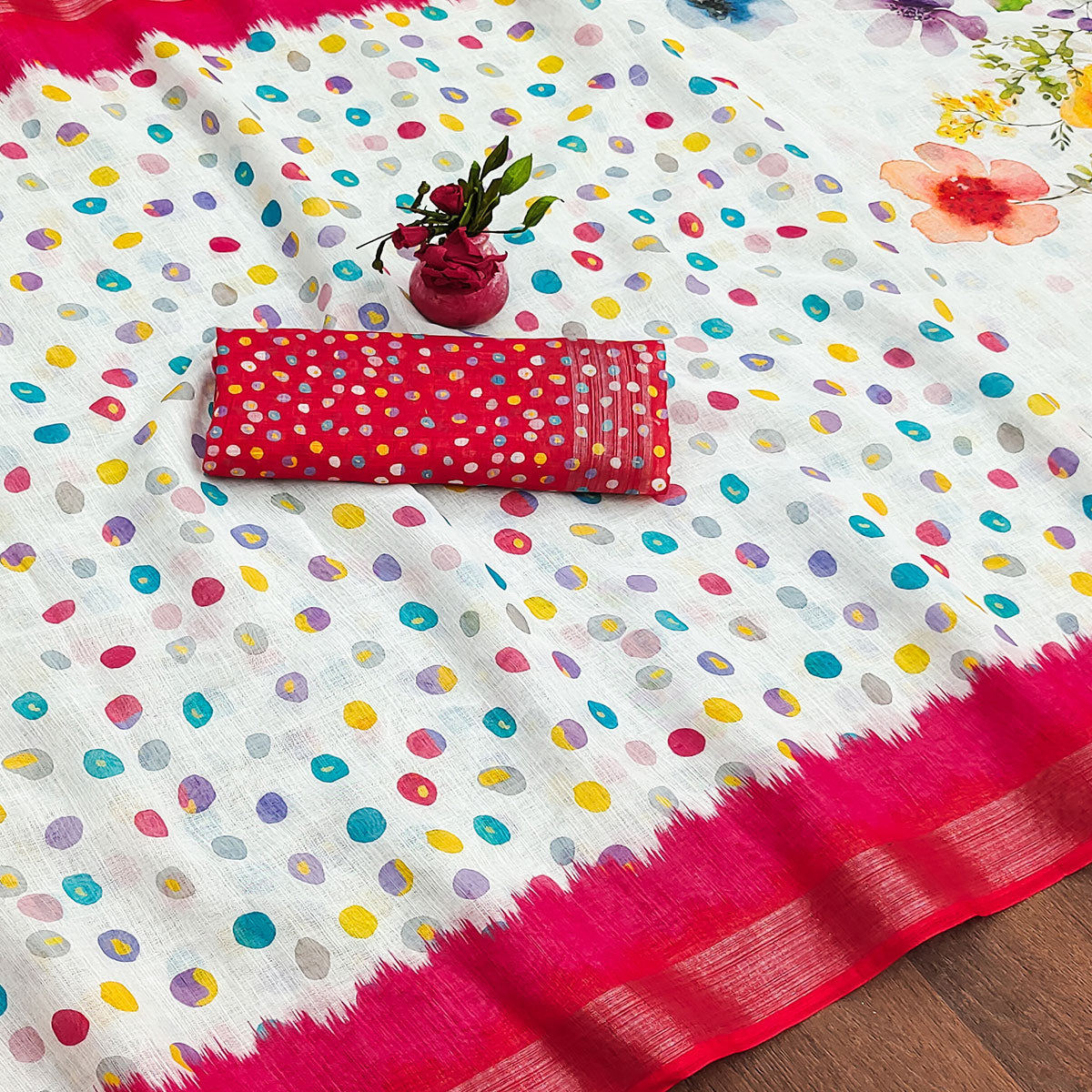 White Printed Linen Saree