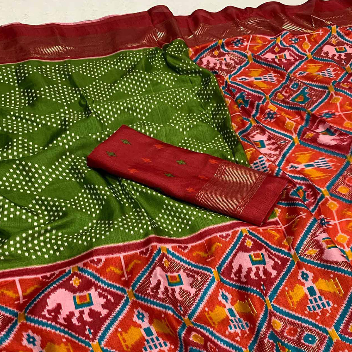 Green & Red Patola Printed Dola Silk Saree