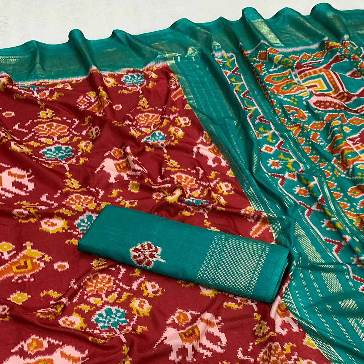 Red & Rama Blue Patola Printed Dola Silk Saree