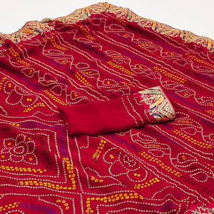 Red Bandhani Printed Georgette Saree