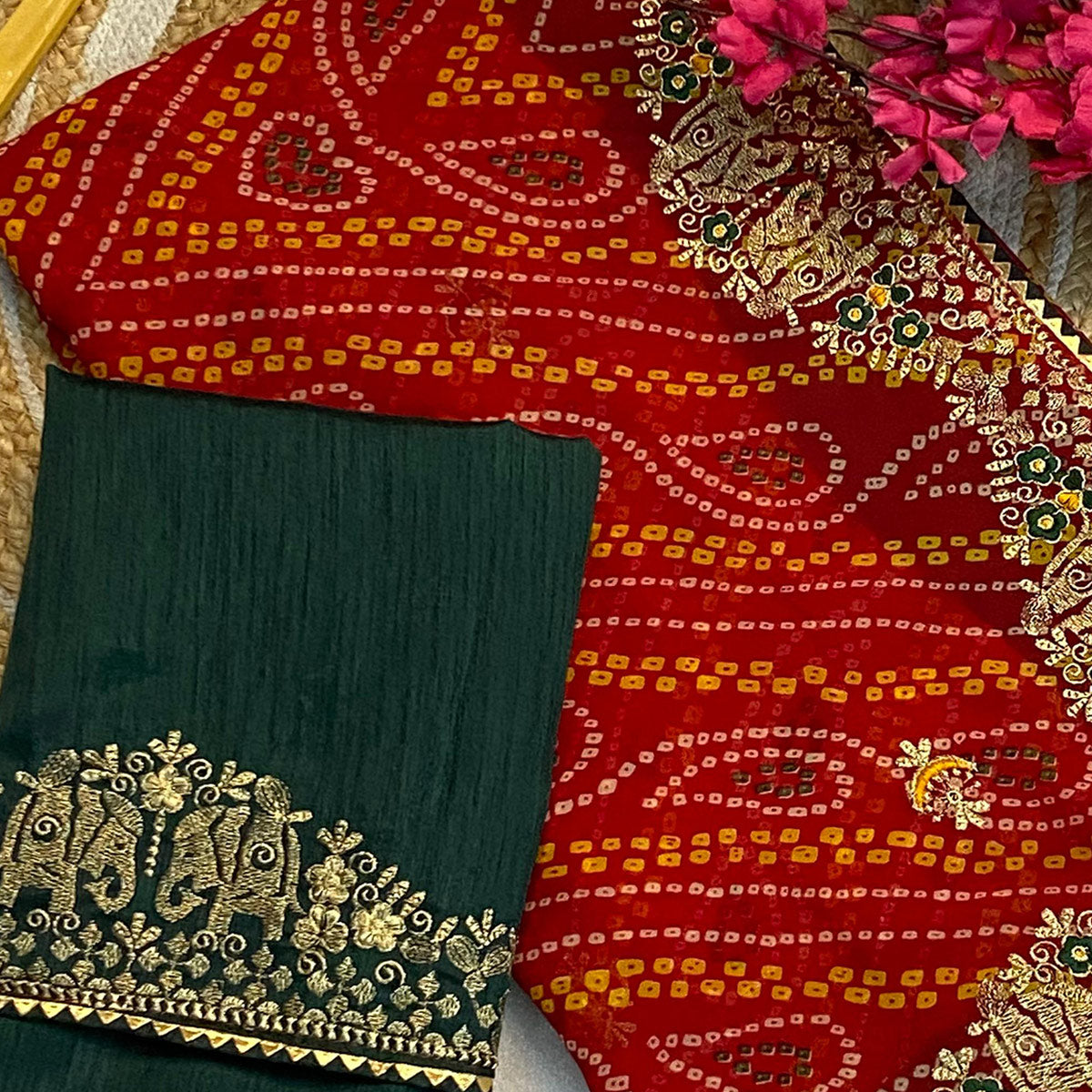 Red Bandhani Printed Georgette Saree With Embroidered Border