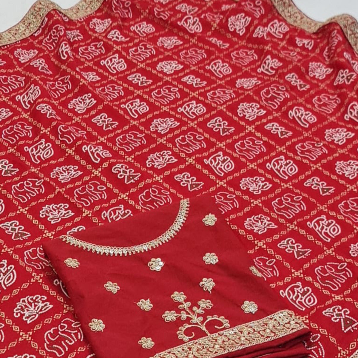 Red Bandhani Printed Vichitra Silk Saree