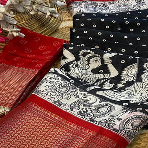Black Printed Dola Silk Saree With Zari Border
