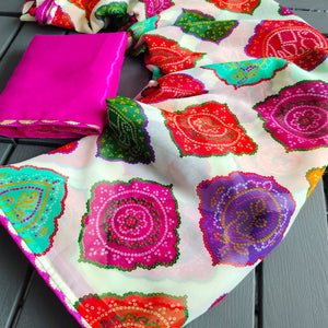 White Georgette Saree with Traditional Bandhani Prints