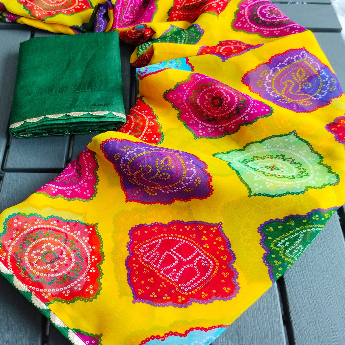 Yellow Georgette Saree with Traditional Bandhani Prints