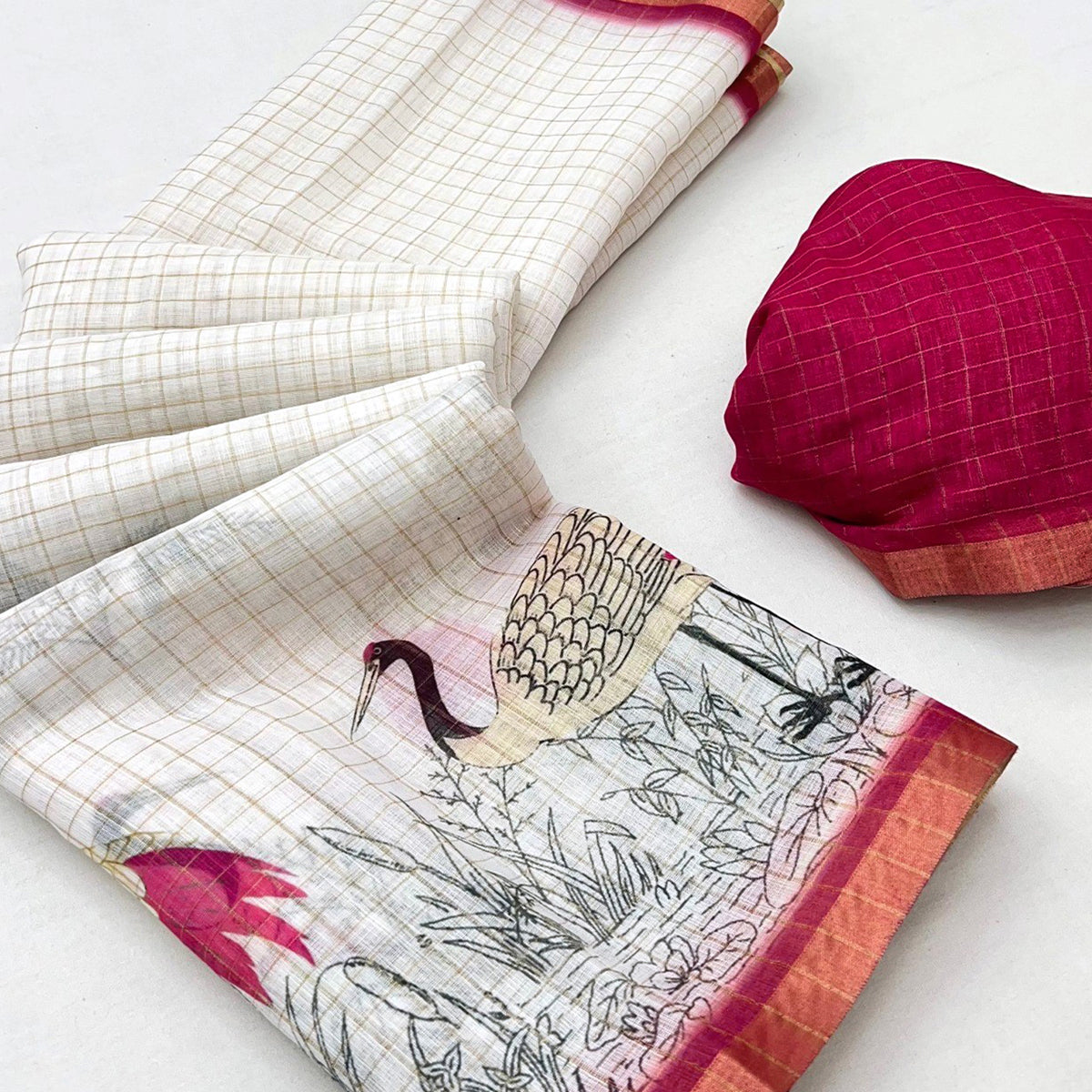 Off White and Pink Checkered Printed Linen Saree with a Breezy Feel