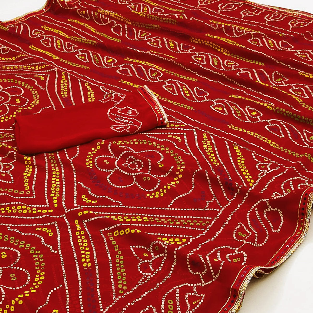 Red Bandhani Printed Georgette Saree