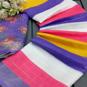 Multicolor Zari Weaving Linen Cotton Saree