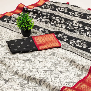 Offwhite & Red Floral Printed Dola Silk Saree With Intricate Woven Border