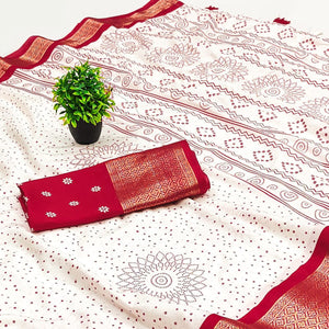 Offwhite & Red Floral Printed Dola Silk Saree With Intricate Woven Border