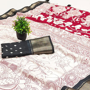 Offwhite & Black Floral Printed Dola Silk Saree With Intricate Woven Border