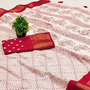 Offwhite & Red Geometric Printed Dola Silk Saree With Intricate Woven Border