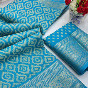 Blue Ikkat Printed Dola Silk Saree Highlighted With Premium Zari Weaving Border