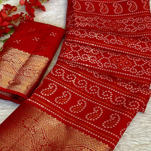 Traditional Red Dola Silk Saree with Classic Bandhani Print and Elegant Jacquard Woven Border