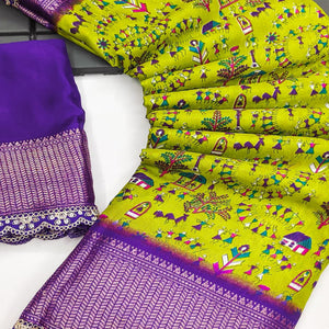 Green Warli Printed Dola Silk Saree With Zari Border