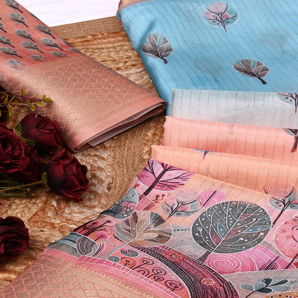 Peach & Blue Floral Printed Dola Silk Saree With Elegant Silver Zari & Intricate Weaving Border