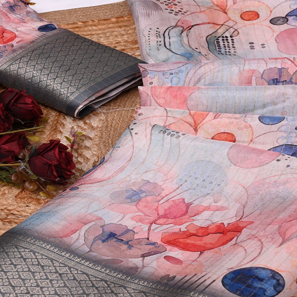 Pink & Grey Floral Printed Dola Silk Saree With Elegant Silver Zari & Intricate Weaving Border